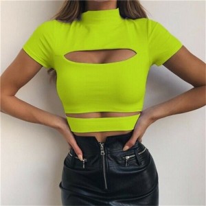 Gothic Chest Hollow Out Sexy Women T-shirt Crop Top Green Black Solid Slim Tank Tops Tee Shirt Female Casual Camis